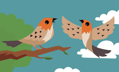 two sparrows, one flying and one perched on a branch