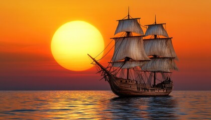 Obraz premium Sailing Ship at Sunset: Dramatic Ocean Scene with Sails.
