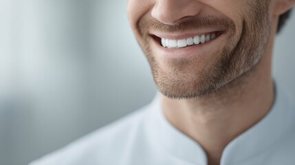 Obraz premium Warm smile of a male dentist in bright clinic interior closeup portrait professional environment positive vibes