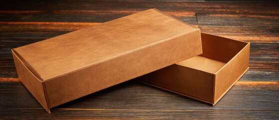 An open tan cardboard box with its lid resting partially askew against it sits on a dark stained wood surface in soft diffused lighting.