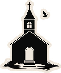 Black and White Silhouette Illustration of Traditional Church with Bell Tower and Cross