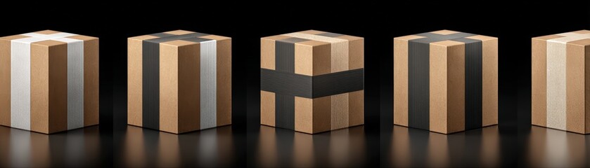 A conceptual arrangement of striped cubes showcases varied patterns and textures against a sleek, dark background with reflective surfaces.
