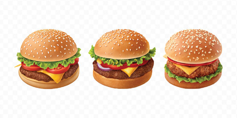 realistic tasty beef burger set in different style isolated on transparent background