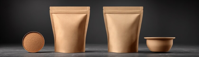 Two brown paper pouches stand with filled cup and bowl on a dark textured surface, offe versatile packaging mockup options.