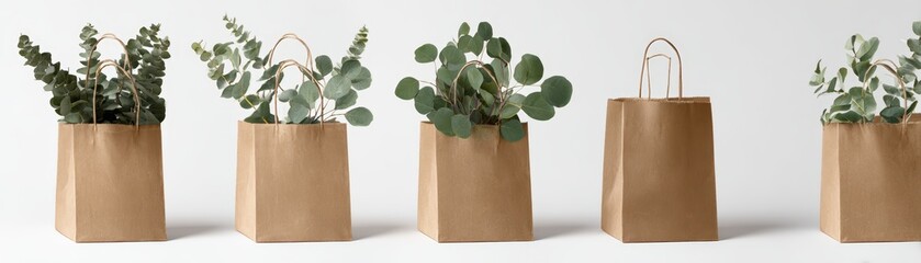 An elegant row of brown paper shopping bags filled with fresh green eucalyptus branches create a natural and calming composition.