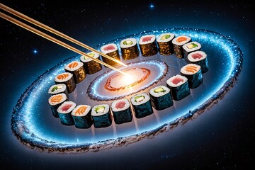 Sushi rolls arranged galaxy rings glowing center chopsticks cosmic swirl dark starry background
