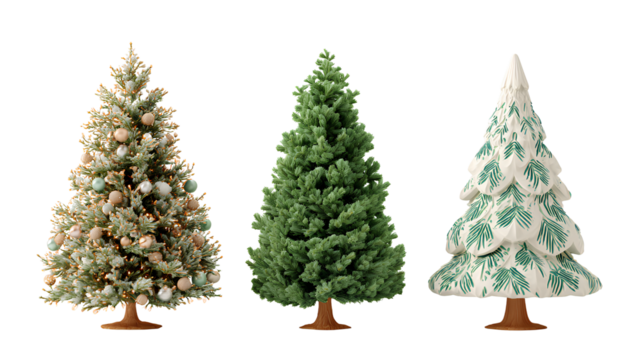 Christmas Tree Bundle in Decorated, Undecorated, and Cartoon Styles isolated on transparent background