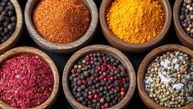 Assortment of colorful spices and peppercorns in rustic wooden bowls - Powered by Adobe