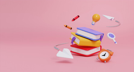 Back to school supplies and fun elements in vibrant colors. 3D render illustration