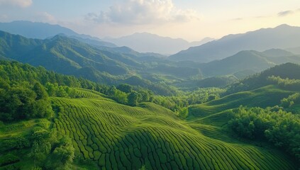Naklejka premium Lush Green Tea Plantation Landscape with Mountain Backdrop