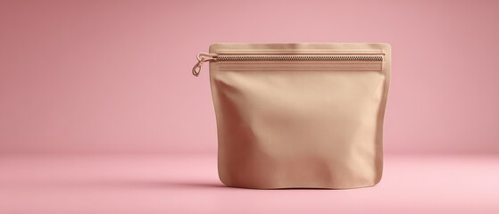 A simple brown pouch with a resealable zipper sits against a pink backdrop, perfect for mockups of various food or product packaging needs.