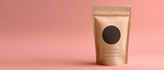 A simple brown paper pouch with a blank black label sits on a clean coral pink background, ready for ing and design elements.