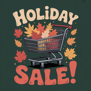 Holiday sale shopping cart graphic filled with warm autumn leaves and festive lettering for seasonal retail promotion fall clearance event shopping advertisement apparel print and store signage