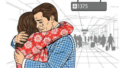 Emotional goodbye between couple at airport departure gate illustration airport farewell couple crying sad embrace travel popart comic