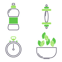 Collection of health-themed icons showing water bottle, dumbbell, stopwatch, and bowl with fresh leaves. Fitness and wellness, active and healthy life concept