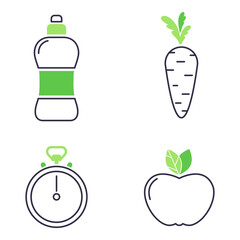 Collection of line icons with water bottle, carrot, stopwatch, and apple, emphasizing themes of hydration, nutrition, and fitness in simple style