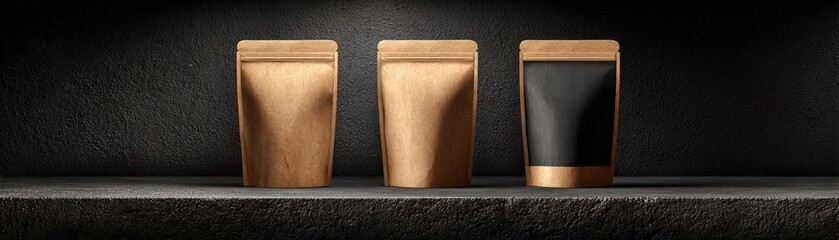 Three kraft paper pouches are displayed on a dark stone shelf, one with a black label, against a dark textured backdrop.