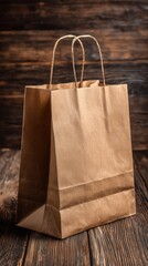 An empty brown paper shopping bag with handles sits on a rustic dark wood surface in a vertical composition captu its simplicity and texture.