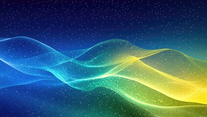 Abstract Blue, Green, and Yellow Glittering Waves Under a Starry Night Sky