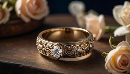 Ornate gold ring with diamond, surrounded by roses