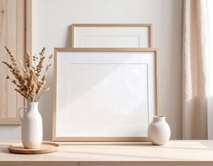 A minimalist home decor scene with a large, empty, light-brown framed print