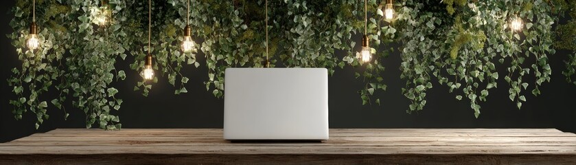 A laptop sits on a wooden table against a backdrop of hanging foliage and illuminated vintage light bulbs providing a nature inspired workspace.