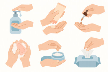 Flat Hygiene and Skincare Hand Icon Collection in Pastel Minimal Style