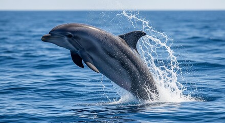 Naklejka premium Dolphin leaping out of blue ocean water marine wildlife mammal