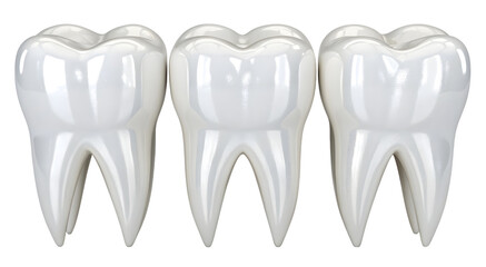 Collection set of three white teeth for dental anatomy or oral care concept isolated on white or transparent background