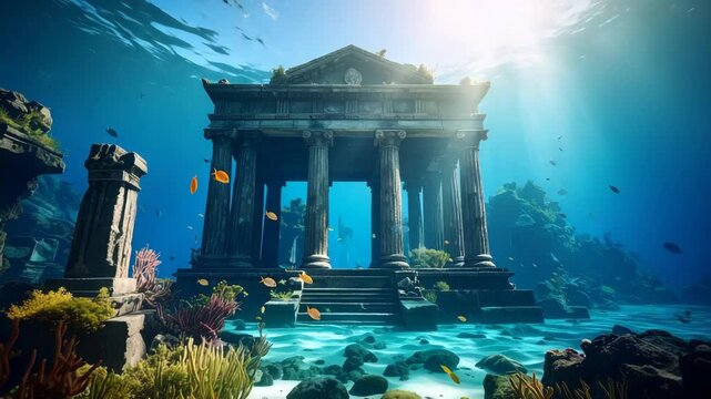 Underwater temple ruins with doric columns and marine life in a tranquil ocean setting, illuminated by bright sunlight filtering through clear water.