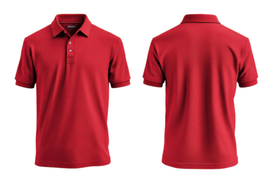 Red T-shirt front and back view isolated on transparent background. Front and back red polo shirt mockup isolated on white background.