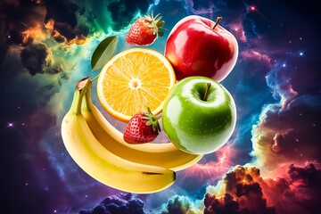 Floating fruits apple orange strawberry banana in cosmic nebula swirl blue purple background