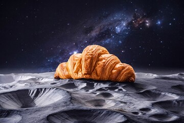 Croissant placed lunar surface starry sky galaxy cosmic surreal fantasy foodscape background