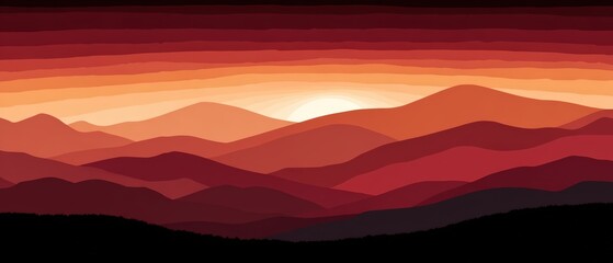 A beautiful red and orange layered mountain range illustration shows the sun setting in the distance creating a warm serene environment.