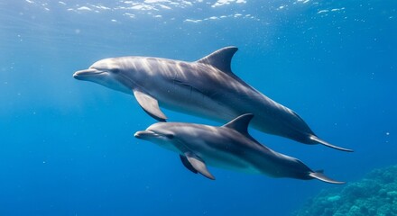 Dolphin pair swim together in ocean habitat under sunlight