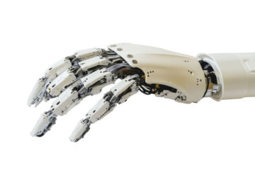 Robotic hand with articulated fingers isolated on transparent background. Gesturing robot hand isolated on white background.