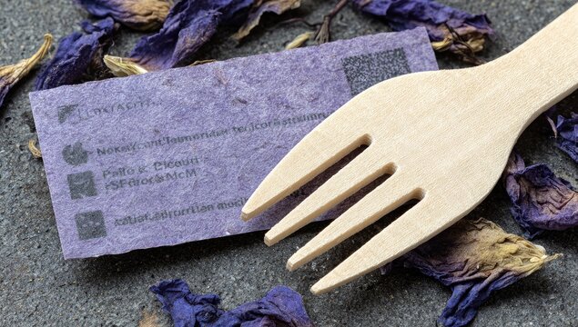Purple business card, wooden fork, dried flowers