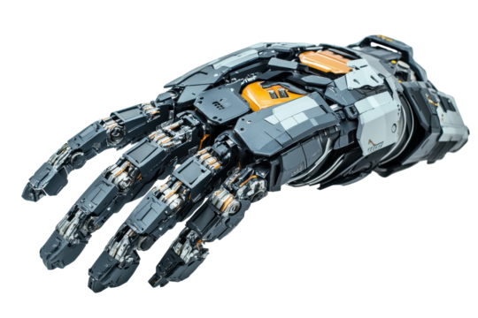 Robotic hand with articulated fingers isolated on transparent background. Gesturing robot hand isolated on white background.