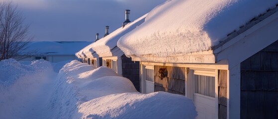 A line of quaint houses covered in deep snowdrifts du winter shows nature's snowy embrace against a serene, wintry blue sky backdrop.