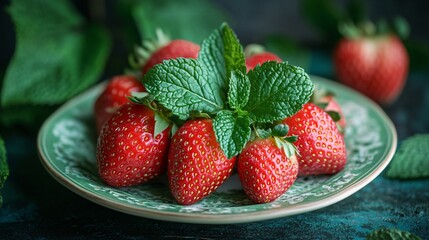 Fresh strawberries on a green glazed ceramic plate, topped with mint leaves.
