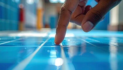 Finger tracing blue tile floor