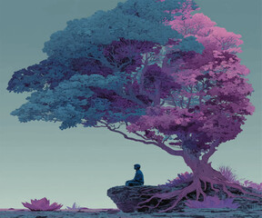 Meditation Tree with Heart and Brain &ndash; Wellness and Mental Health Concept