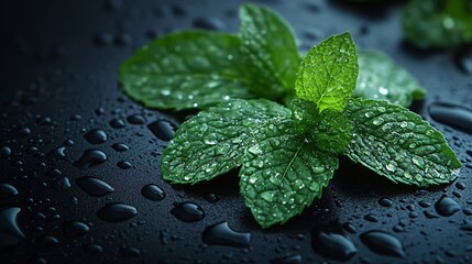 Mint leaves on a black stone floor with water drops clinging to them.
