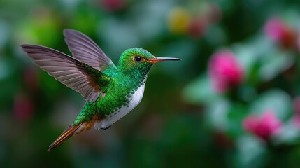 Emerald Hummingbird Hovering Midair with Blurred Floral Backdrop Tropical Scene