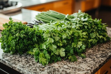 Fresh parsley on a granite topped kitchen island.
