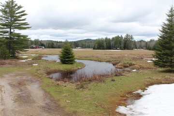 Open field with stream, trees, and snow