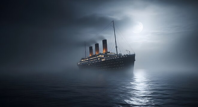 The RMS Titanic sinking into the ocean at night under a full moon and fog.