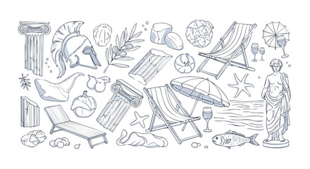 Dreamy Greek vacation aesthetic with ancient ruins, beach chairs, and relaxing summer vibes, perfect for travel blogs and Mediterranean lifestyle content