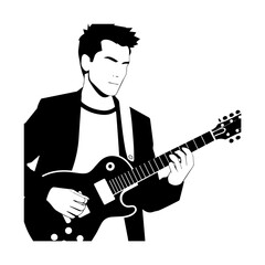 Obraz premium Black and white line art of a cool man playing guitar in casual outfit minimalist stylish illustration