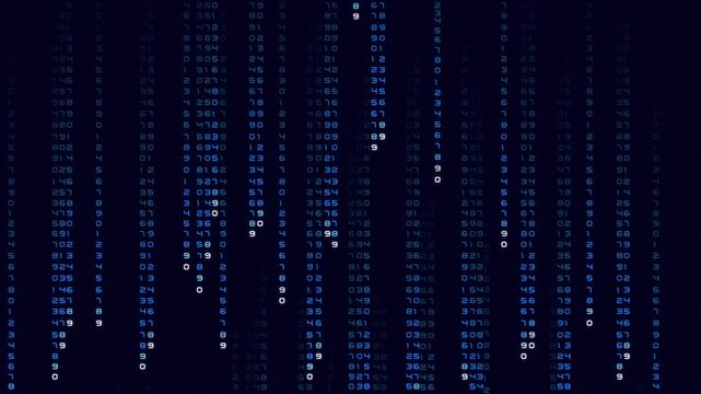 Abstract animation featuring a continuous stream of glowing numbers and code flowing down a screen, reminiscent of a computer program, hacking interface, or data analysis